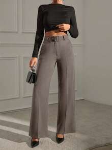 Women's Solid Belted Seam Suit Pants - Grey - View 5