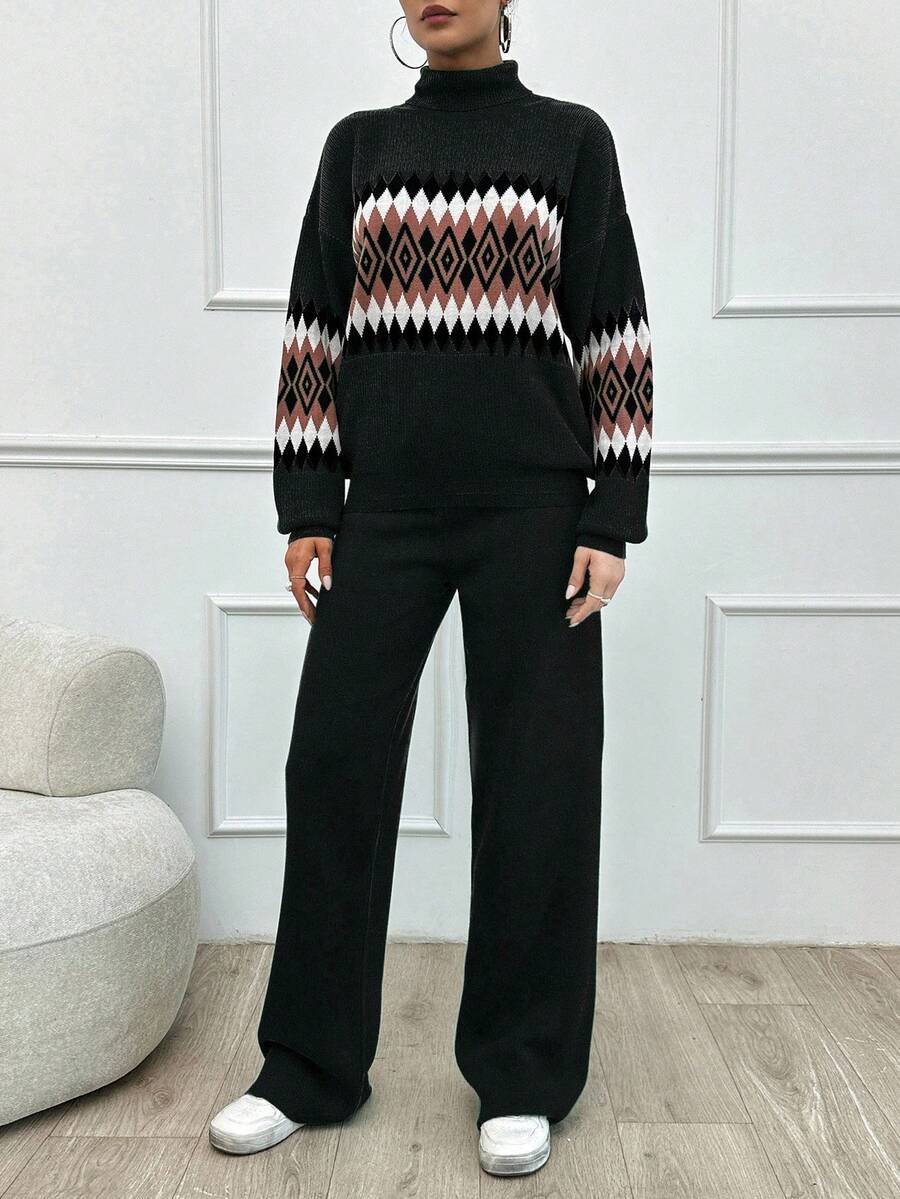 SHEIN Tall Women's Geometric Pattern High Neck Sweater 2pcs/Set, Tall Women - Dark Grey - View 1