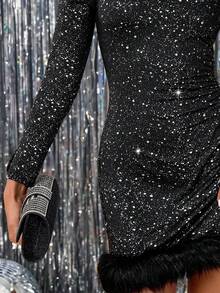 Young Girl Elegant & Cute Black Velvet Silver Dot Long Sleeve Dress Mommy&Me Matching Christmas Dress