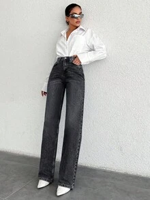 SHEIN Tall 100%Cotton Straight Zipper Fly Denim TALL Jeans - Dark Grey - View 5