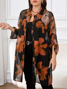 Reflora Plus Size Floral Print Semi-Sheer Casual Long Sleeve Shirt Long Blouses - Orange - View 5