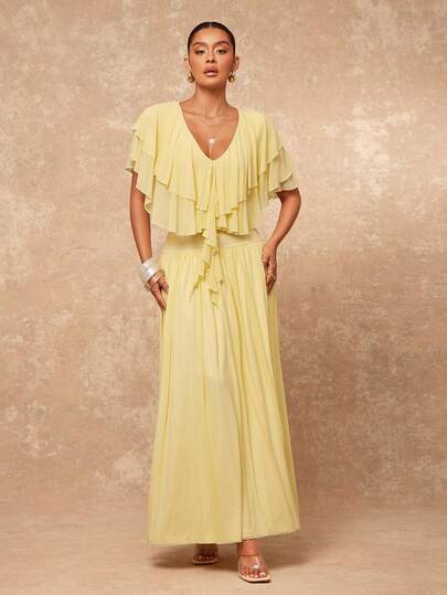 Lumalex Spring Summer Exaggerated Ruffled Multi-Layer Collar Bodycon Dress, Light Yellow Perfect For Summer, Spring-Break Trips, Cruises, Beach Weekends, Vacations, Parties, Date Nights, Weddings, Proms, Banquets, Birthdays, Carnivals, Festivals And Other Holiday Events. Neo-Girly Charm, Boho-Casual Flair, Quiet Luxury, Business Chic, And Relaxed Vacay A Richly Layered, Glitter-Accented Style For Luxury Proms, Receptions, Banquets, Weddings, Raves, Festivals, Holiday Gatherings, And Outdoor Evening Occasions-Ideal Whenever You Need A Sophisticated Yet Striking Party Look