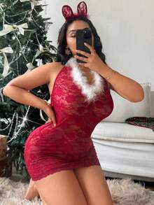 Fantasy Costume Set da 3 pezzi Costume natalizio sexy con vestito in pizzo e pelliccia a tema gatto, lingerie taglie forti