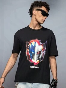 Transformers X SHEIN 男士休闲卡通图案圆领短袖T恤，夏季 - 黑色 - 查看 2