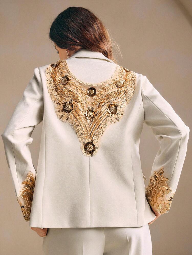 Elegante Blazer Jaqueta de Manga Longa com Bordado e Contas Bege, Casaco de Terno Feminino de Alta Qualidade