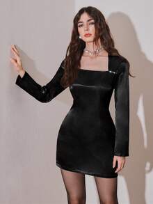 Modelyn 女式纯色天鹅领长袖修身时尚迷你连衣裙 - 黑色 - 查看 5