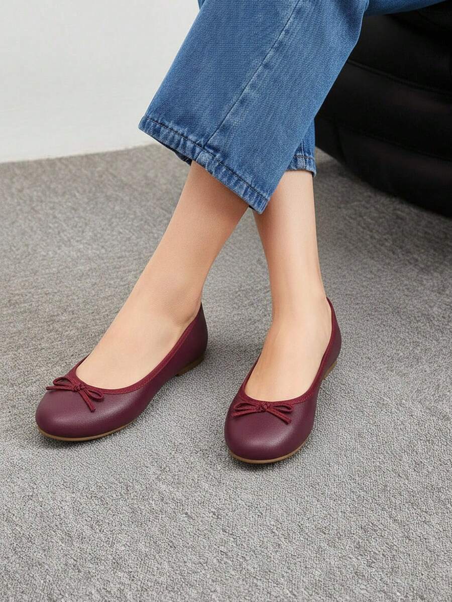 Zapatos dama antideslizante punta redonda lazo plana clásico elegante diario escuela bailarina - Rojo - Ver 1