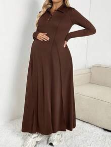 SHEIN 孕妇纯色Polo领长袖休闲连衣裙 - 棕色 - 查看 7