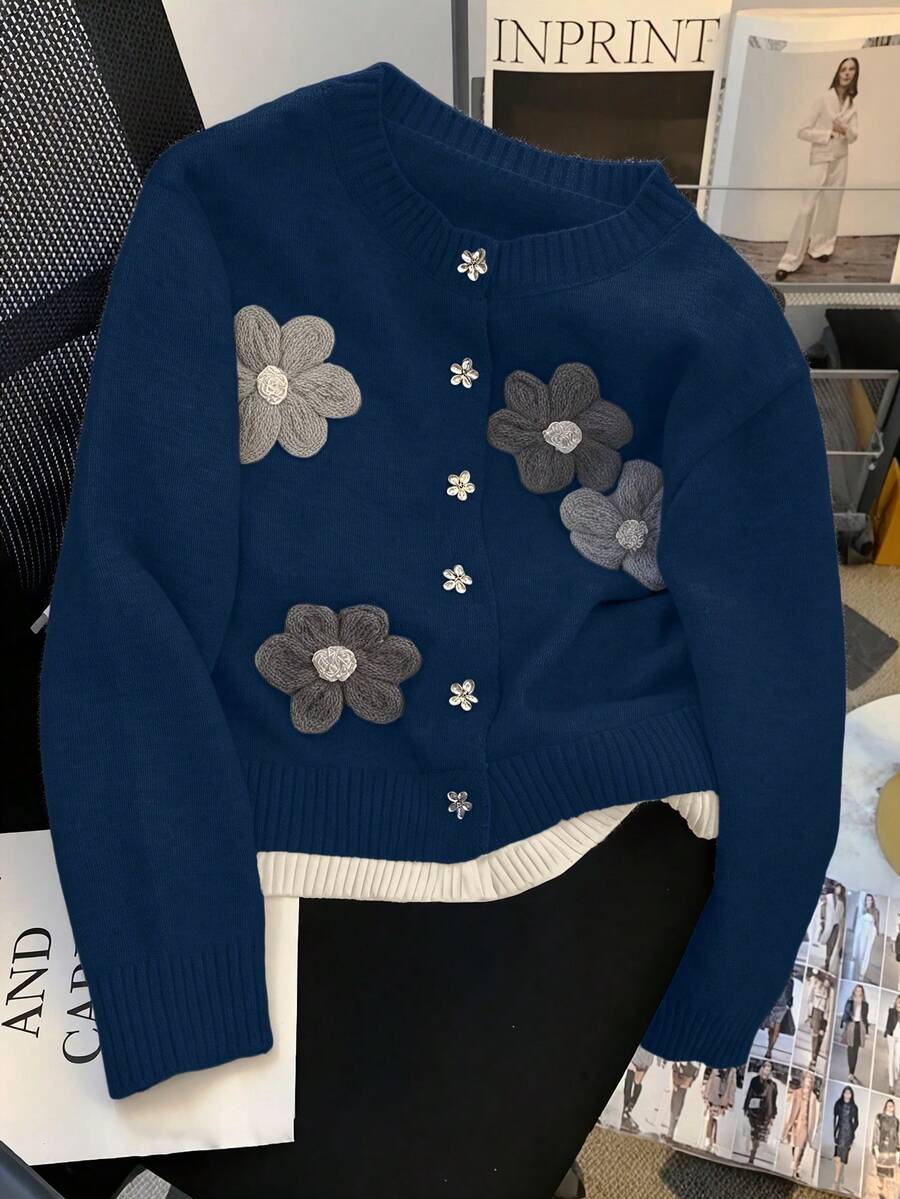 Franclia New Autumn/Winter Elegant Handmade Floral Soft Petite Women Cardigan Sweater - Navy Blue - View 1