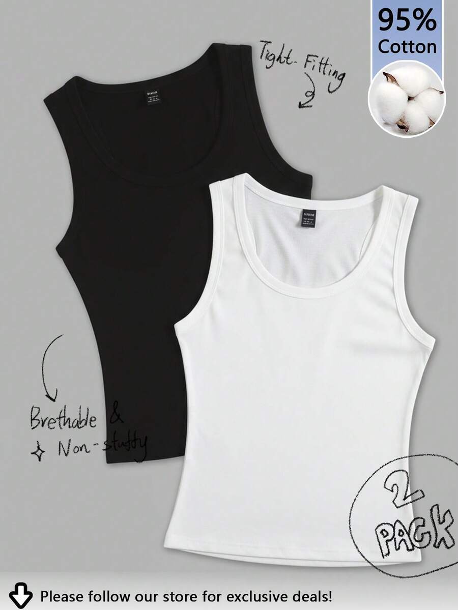 Tseoso 2pcs Women Casual Crew Neck Tank Top Set, Versatile For Daily Wear, 95% Cotton, Suitable For All Seasons Indoor And Outdoor, Vintage, Cute Summer Tops, Softgirl, Summer Outing Items, Home, Back To School, Fall Women Clothes, Versatile, - Multicolor - View 1