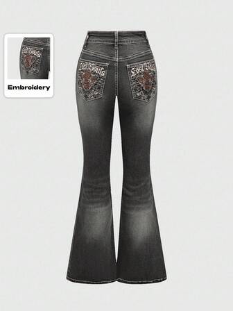 Grunge Punk Damen Lose Jeans mit bestickter Tasche
