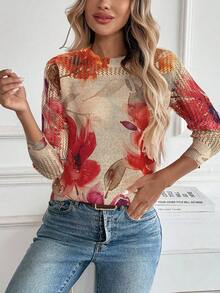 EMERY ROSE New Autumn Casual Loose Hollow Out Mesh Layered Fashionable Knit Blouse For Women Fall Sweater - Camel - View 3