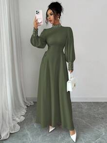 Elenzga 女士优雅简约高领中长连衣裙，适合办公室、通勤、度假、海滩、下午茶、派对、复古风格、教师、纯色、撞色、珍珠装饰、侧系腰带、喇叭灯笼袖、珍珠袖口饰边、A 字廓形、春/秋/冬 - 軍綠色 - 查看 4