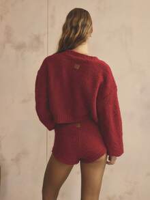 Aralina Red Autumn Casual Lounge 2pcs Knitted Fluffy Cardigan Set,Balloon Sleeves Button Down Top & Micro Shorts Matching Set,Cosy Christmas Sleepwear Pajamas - Red - View 4