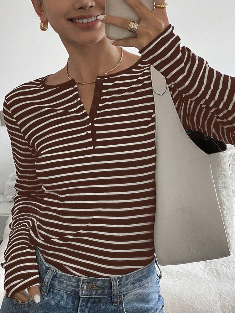 Women's V-Neck Striped Casual Long Sleeve T-Shirt, Spring & Autumn,Fall Women Clothes