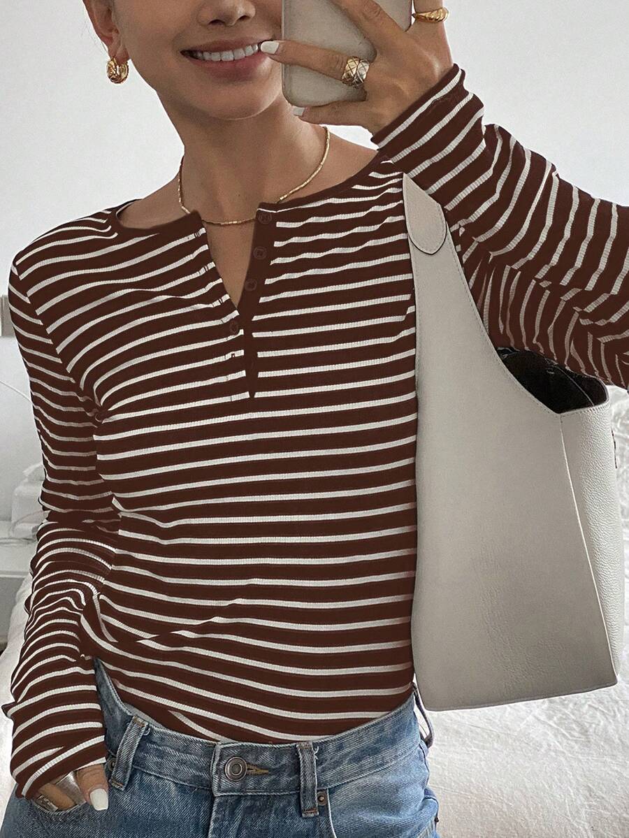 DAZY 女士V领条纹休闲长袖T恤，春秋装，秋季女装 - 棕色 - 查看 1