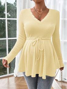 SHEIN Áo thun trơn màu trơn có dây rút eo dành cho bà bầu, mùa thu - Màu vàng - Xem 4