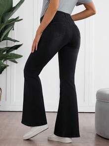 SHEIN 孕妇装秋季秋冬万圣节圣诞节新年纯色通勤度假 Ravel Old Money 风格优雅休闲喇叭裤女式黑色高腰喇叭牛仔裤时尚不对称纽扣设计喇叭裤牛仔裤别致黑色喇叭牛仔裤女式高腰独特不对称纽扣开合喇叭裤 - 黑色 - 查看 5