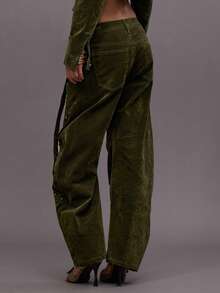 MUSERA Flocked Barrell Leg Curved Studded Hem Detail Mid Rise Jeans Winter Night Out Going Out Streetwear Cute Back To School Sexy Chic Spring Summer - Army Green - View 4