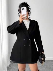 Elenzga 大码女式百搭简约纯色商务风大衣，适合秋冬季日常通勤 - 黑色 - 查看 5