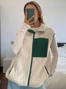 DAZY 女士秋冬宽松羊羔绒背心，商务休闲街头风立领外套，常规款女式外套 - 米色 - 查看 8