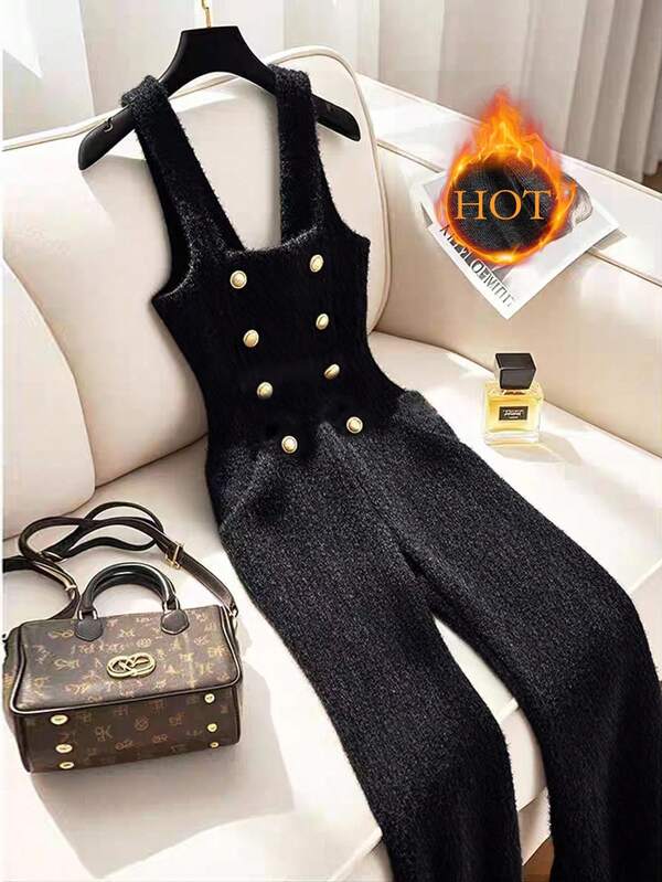 GlowEve Women's Elegant Metal Double-Breasted Suspender Skinny Jumpsuit, Autumn/Winter