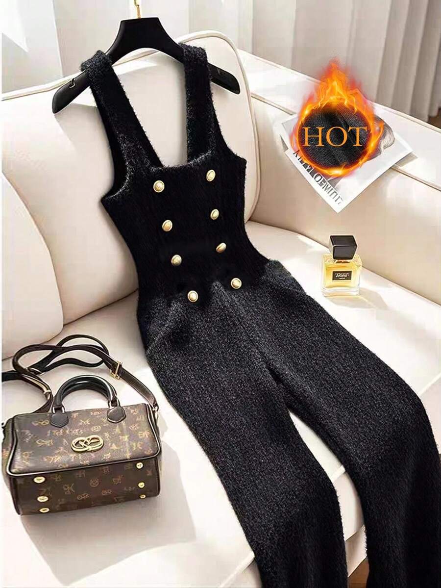 GlowEve 女士优雅金属双排扣吊带紧身连体裤，秋冬 - 黑色 - 查看 1