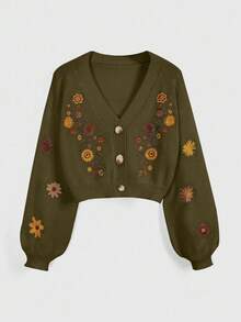 ROMWE Hippie Women's Cottagecore Bohemian Embroidered Cardigan - Army Green - View 5