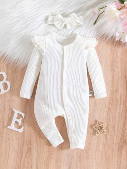 SHEIN 新生嬰兒女實色長袖連體褲，帶荷葉邊和腳套，可愛嬰兒睡衣