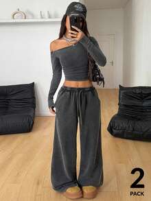 Coolane Women's Daily Wear Essentials Knit Stretchy Comfy Asymmetrical Neck Long Sleeve Tops And Wide Leg Sweatpants Tracksuit Two Pieces Outfits - Black - View 4