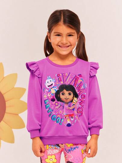 DORA | SHEIN Young Girl Cartoon Graphic Print Crew Neck Ruffle Trim Loose Casual Sweatshirt, Magenta