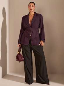 SHEIN BAE Blazer de talla grande de unicolor con cintura ceñida, adecuado para el trabajo - Rosa Fucsia - Ver 6