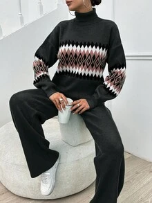 SHEIN Tall Women's Geometric Pattern High Neck Sweater 2pcs/Set, Tall Women - Dark Grey - View 3