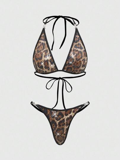 Grunge Punk Women's Punk Chic Beach Party Outfit, Festival Street Style, Halter Sexy Leopard Print Sequin Lingerie Set, Y2K Millennium