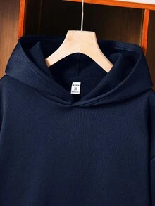 SHEIN 青少年男童休闲简约舒适百搭保暖超值针织连帽卫衣，简约手写文字印花，返校季；秋冬季 - 藏蓝色 - 查看 6