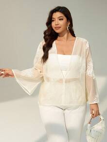 Auralis Plus Size Women Elegant Commuter Floral Embroidery Bell Sleeve Top