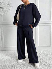 SHEIN Tall 2件組海軍藍秋季女款運動套裝，極簡休閒居家服，寬鬆圓領衛衣搭配寬腿運動長褲，街頭風，適合高個女性 - 藏蓝色 - 查看 3