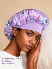 FRIENDS X SHEIN 双层面料升级版护发帽宽边弹力缎面女士睡眠帽柔软舒适适合日常居家睡眠紫色字母