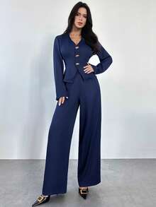 Firerie Women's Fashion Casual Commuter Urban Chic Street Style Versatile Academic Teacher Outfit, New V-Neck Metal Button Waist Long Sleeve Faux Denim Jacket And High Waist Pants Set, Navy Blue, Autumn Winter Clothes For Women - Navy Blue - View 5