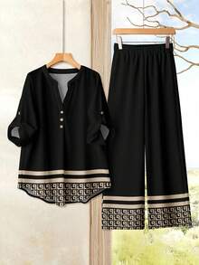 Rusticease 女士休闲几何长袖两件套，适合秋冬季 - 彩色 - 查看 4