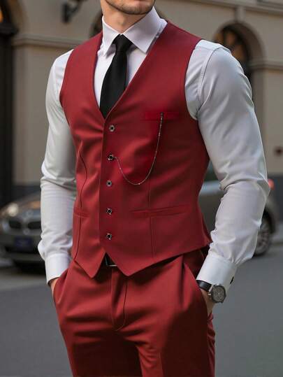 Manfinity Mode Terno formal masculino de negócios, composto por colete e calça em cor sólida.