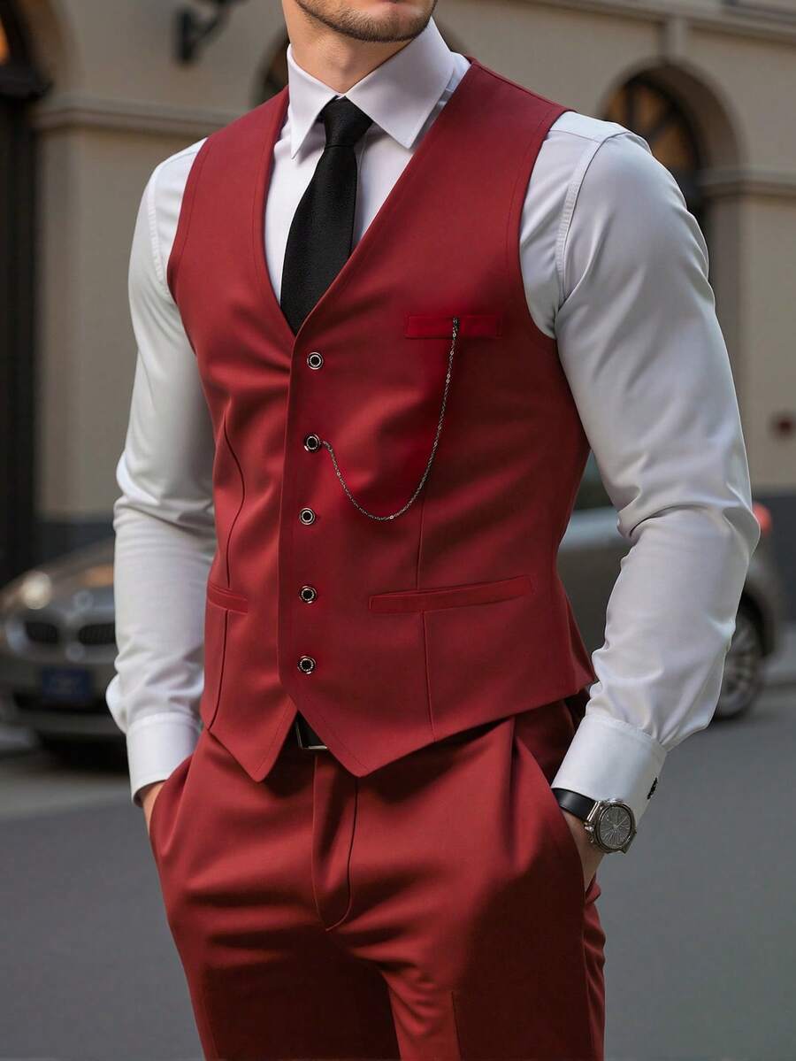 Manfinity Mode Men's Solid Color Waistcoat And Pants Business Formal Suit - Burgundy - View 1