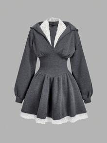 SHEIN MOD 女式撞色腰蕾丝拼布长袖连衣裙 - 深灰色 - 查看 1