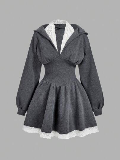 SHEIN MOD Robe à manches longues avec taille contrastée et patchwork de dentelle