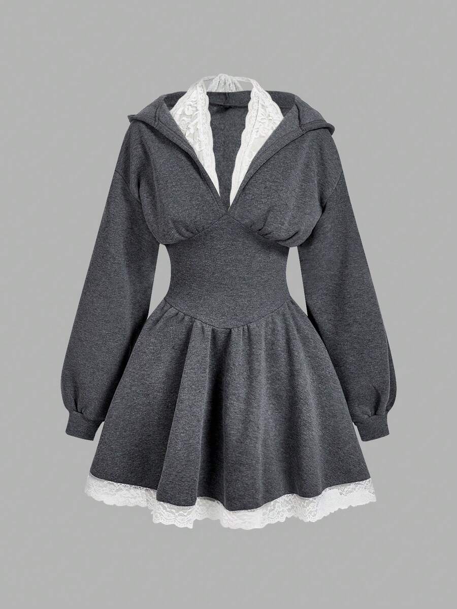 SHEIN MOD 女式撞色腰蕾丝拼布长袖连衣裙 - 深灰色 - 查看 1