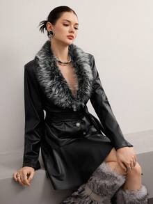 Heiryn Women's Casual Long Sleeve Waist Tie Blazer, Autumn/Winter Fur Jacket,Faux Fur - Black - View 1