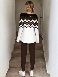 EMERY ROSE Conjunto informal de 2 piezas de camiseta de manga larga con cuello en V y pantalones a rayas onduladas para mujer de talla grande - Multicolor - Ver 2