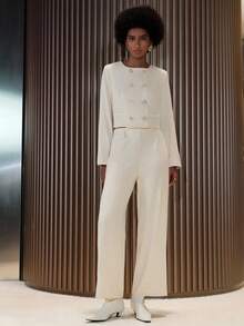 Lumivelle 新款女士通勤装，长袖上衣和直筒裤 - 杏色 - 查看 1