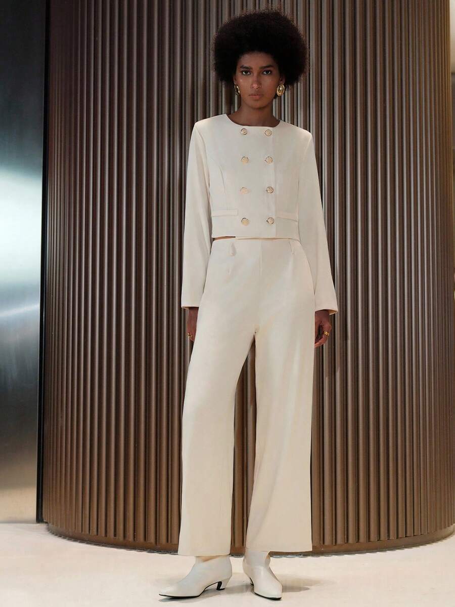 Lumivelle 新款女士通勤装，长袖上衣和直筒裤 - 杏色 - 查看 1