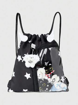 Grunge Punk 1 Mochila de estrella pentagonal negra con estilo con colgante de alas de ángel de peluche para mochila de moda de mujer, bolso de mujer elegante y único (1 bolso y juego de accesorios)